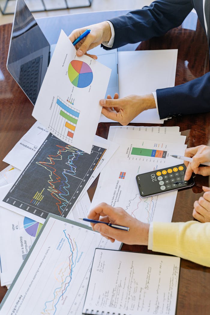 Services Business professionals analyzing financial charts and graphs during a meeting.